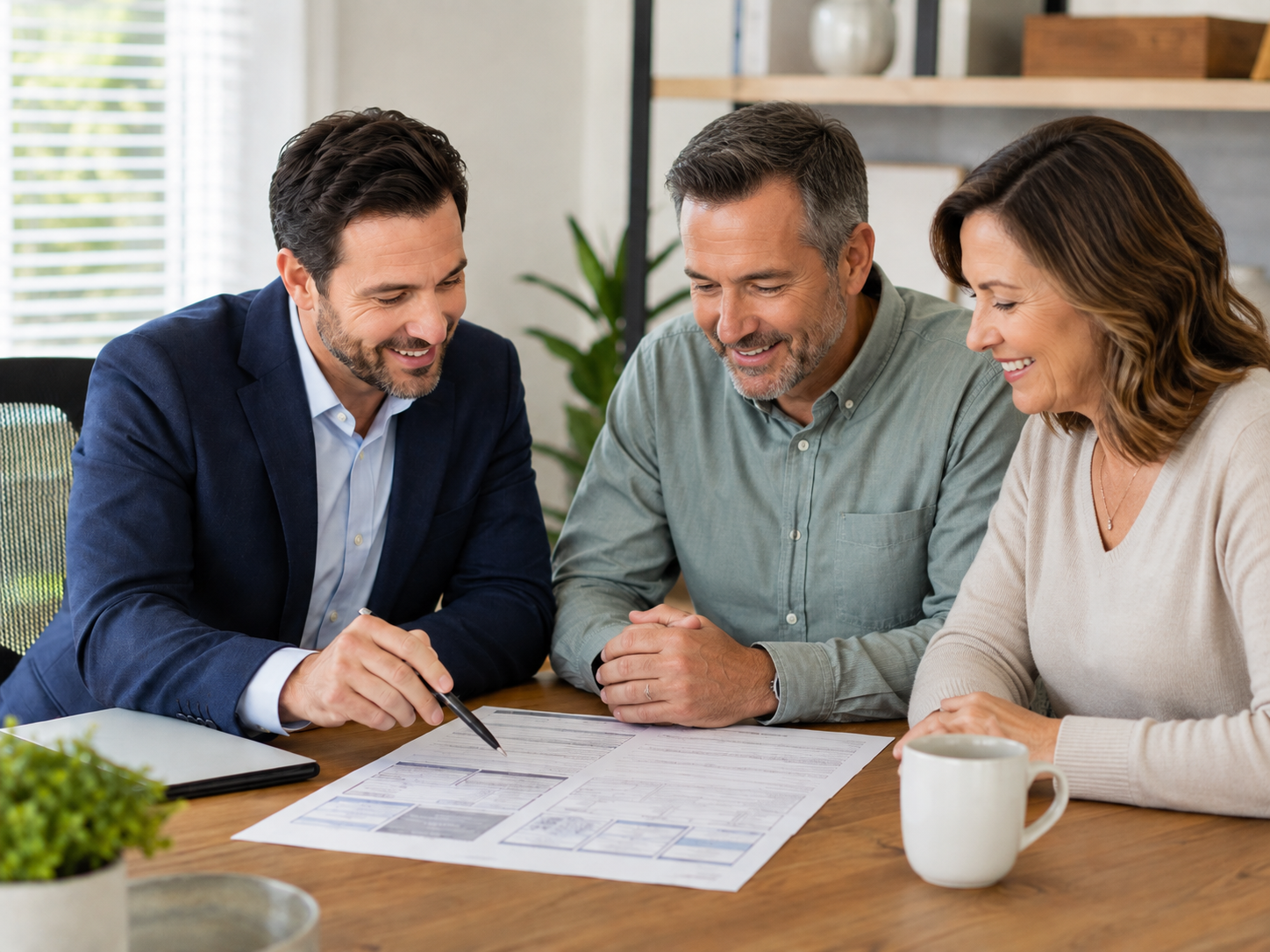 Male insurance agent with a middle-aged couple reviewing an insurance needs sheet