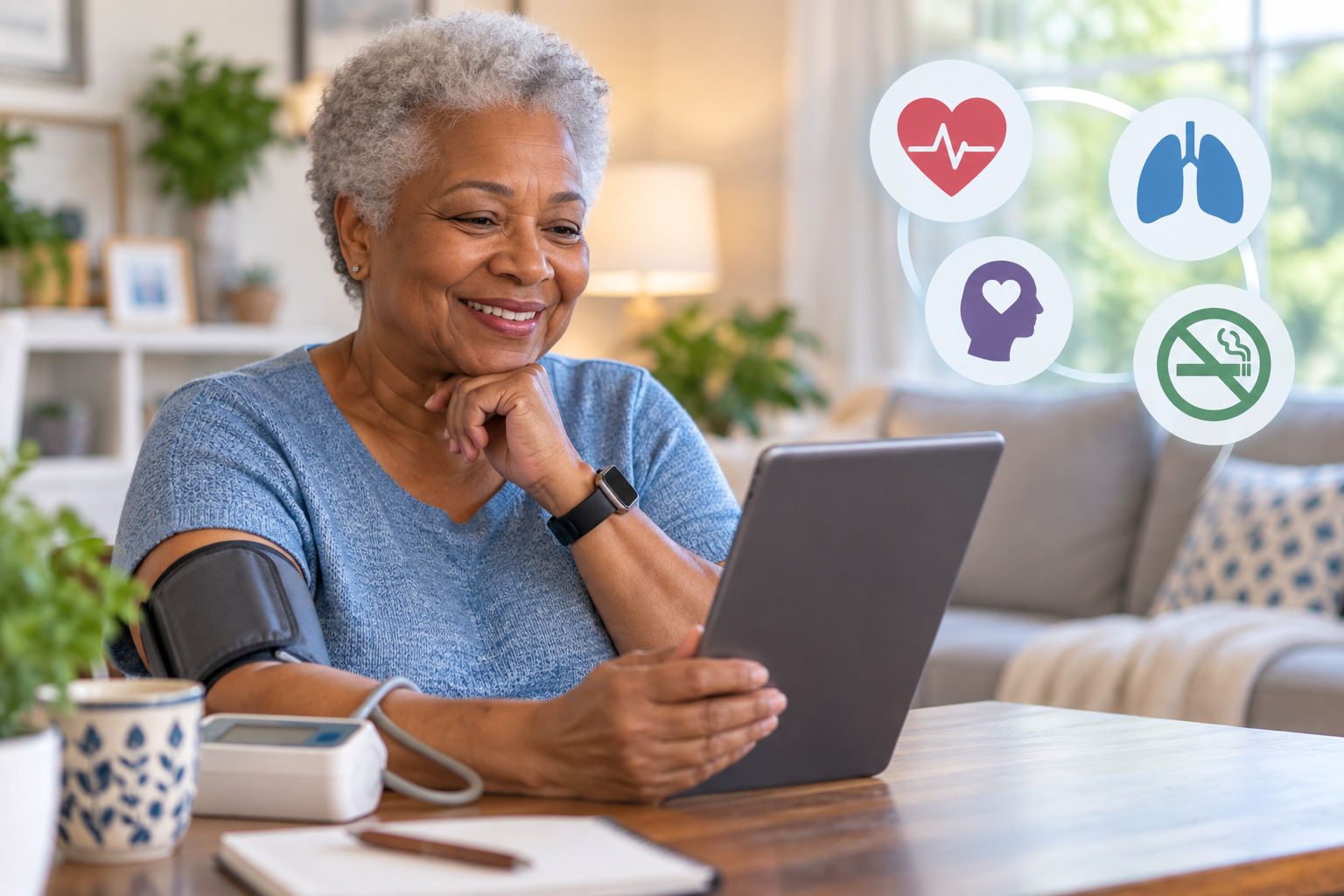 Older Medicare beneficiary using a tablet at home with a blood-pressure monitor and icons representing heart, lung, behavioral-health and tobacco-cessation support