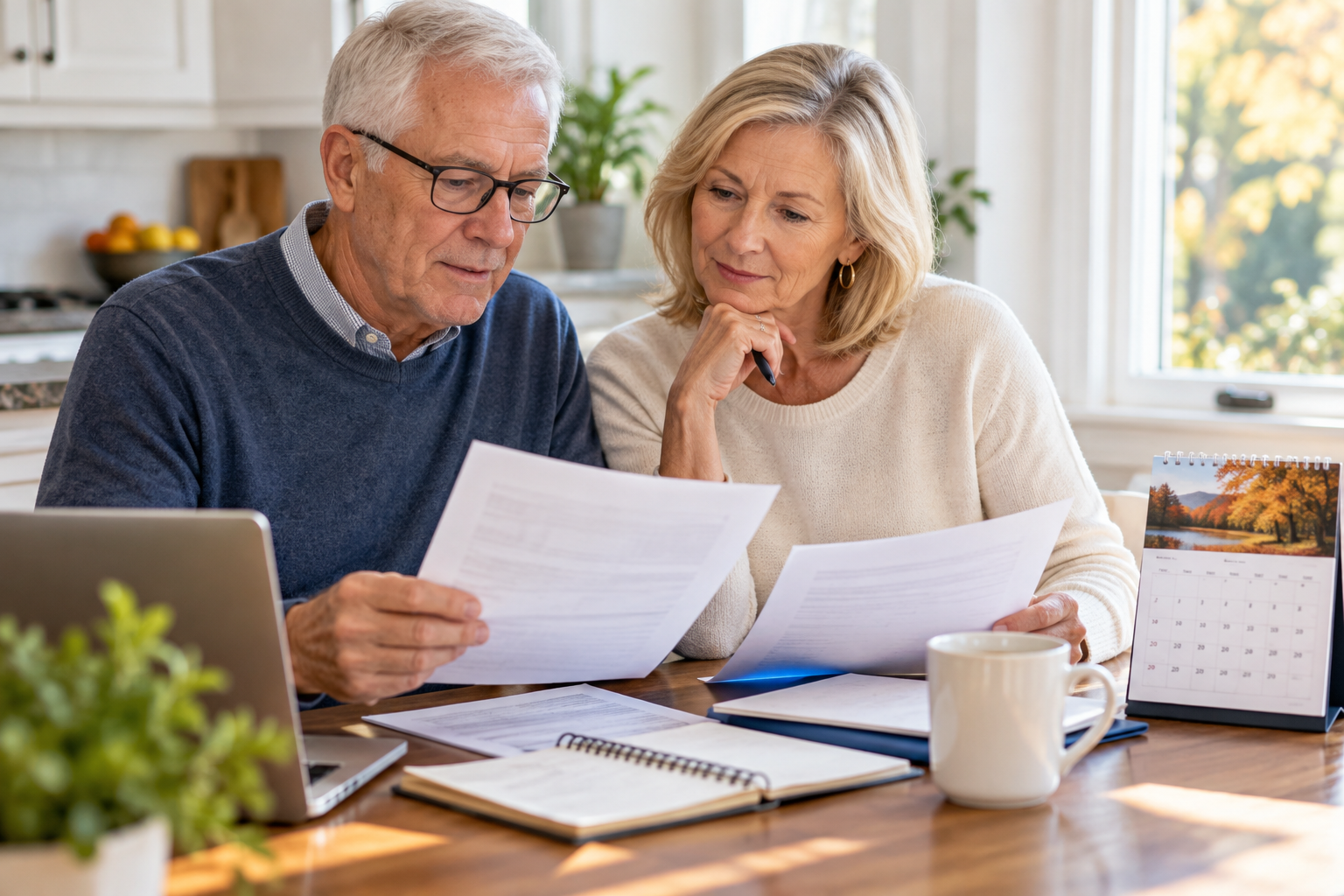 Older couple reviewing Medicare plan documents together at a kitchen table before annual enrollment