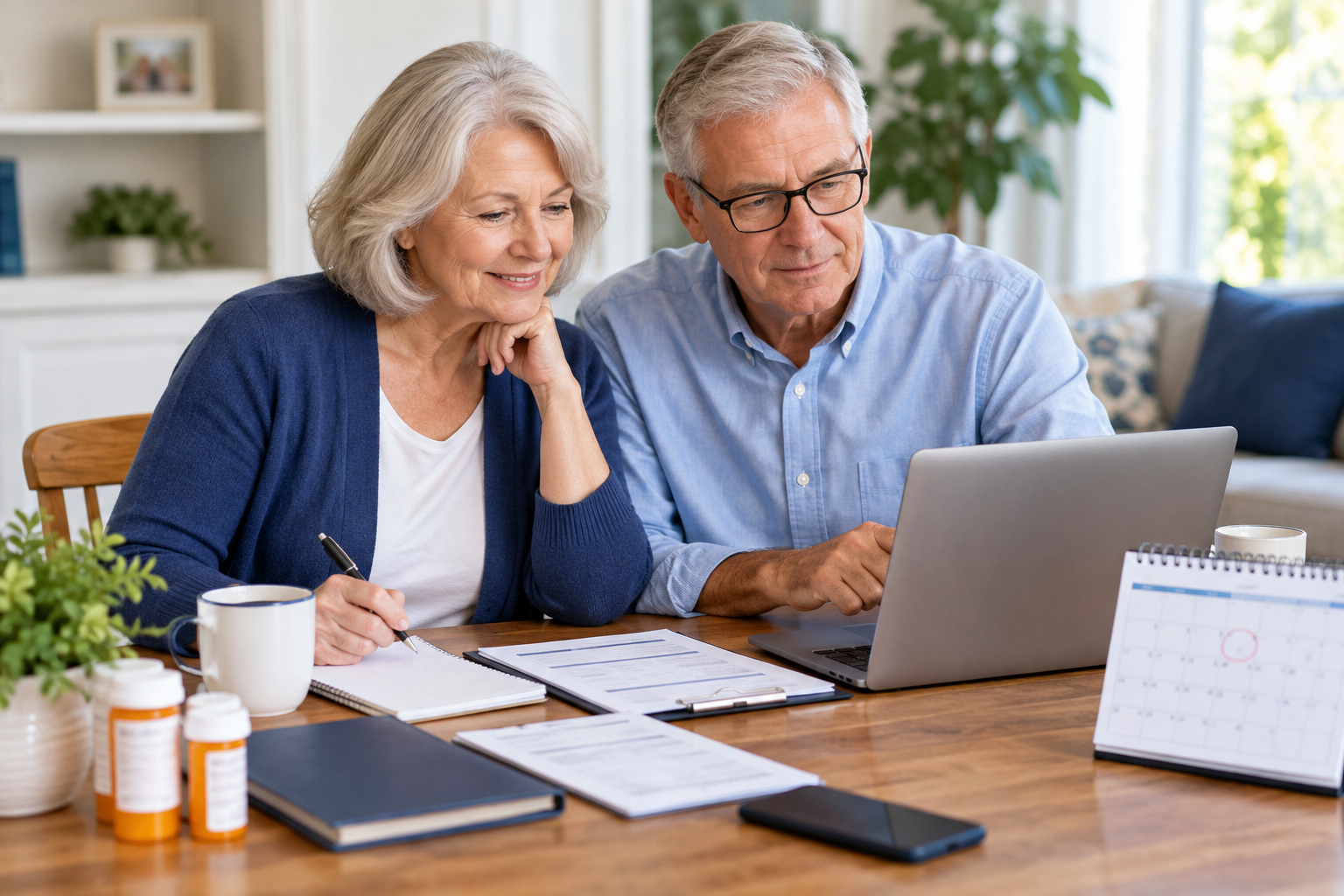 Older couple organizing prescriptions, plan documents and a laptop while preparing to compare Medicare coverage