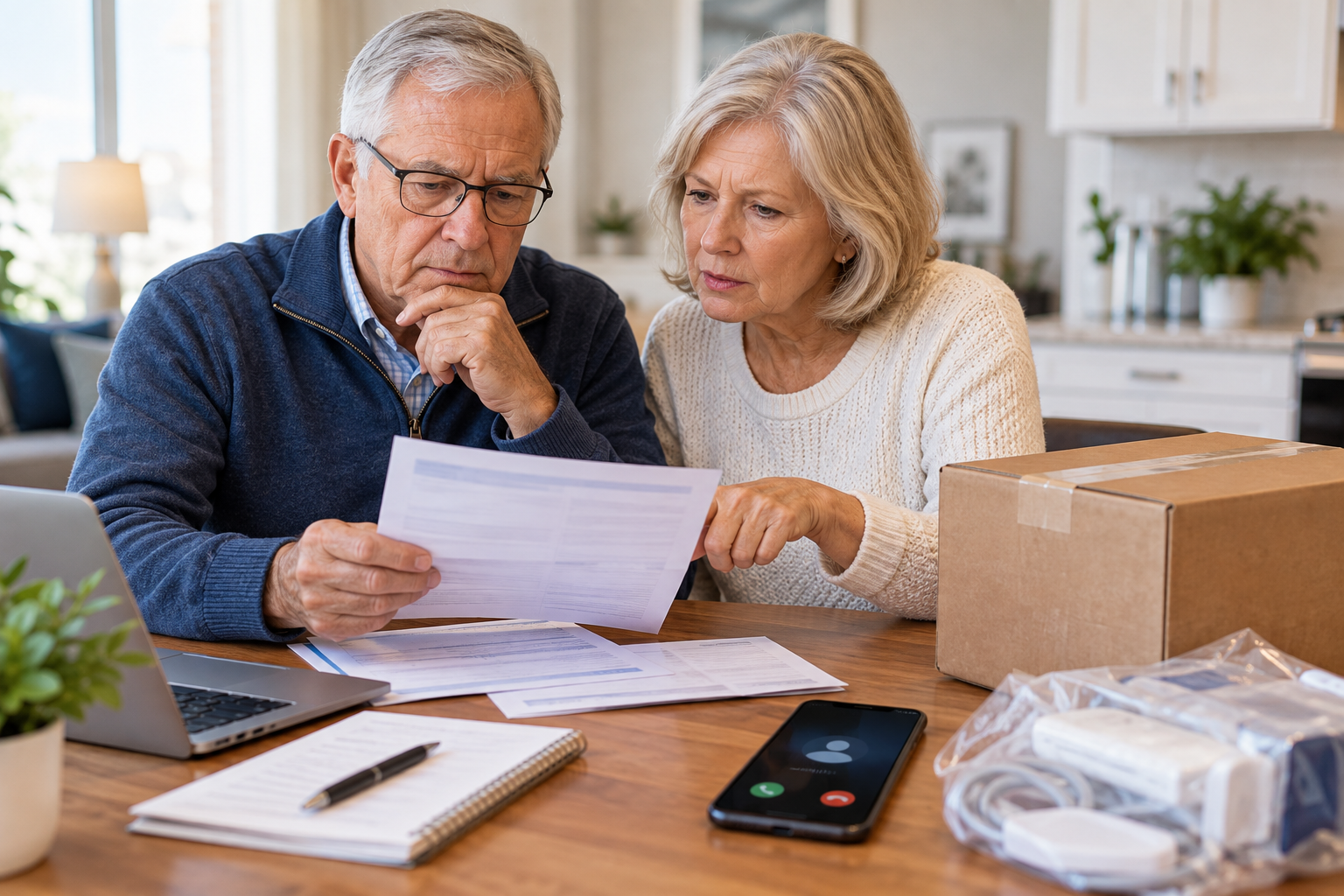 Older couple reviewing an unexpected medical equipment delivery and paperwork while a phone rings nearby