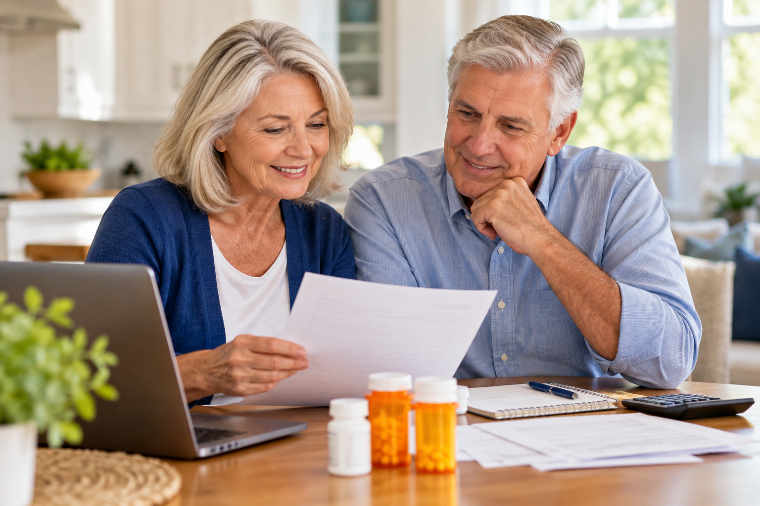 Older couple reviewing prescription costs, paperwork and a household budget at their kitchen table