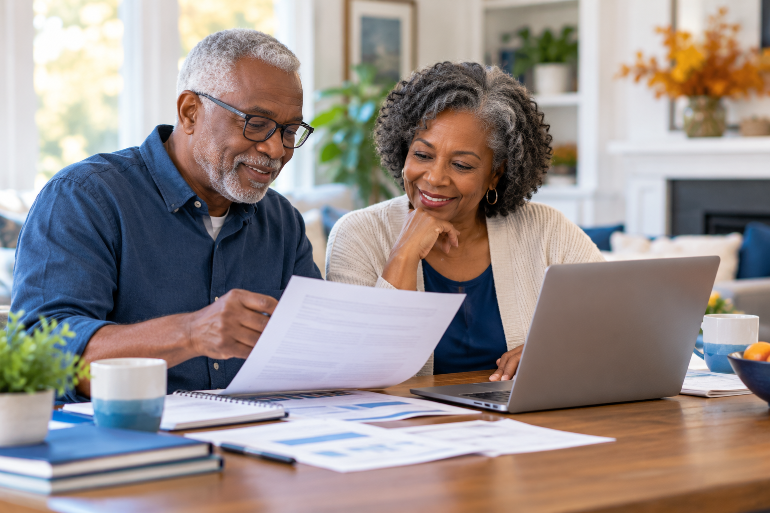 Older Black couple reviewing Medicare planning documents together at a home table