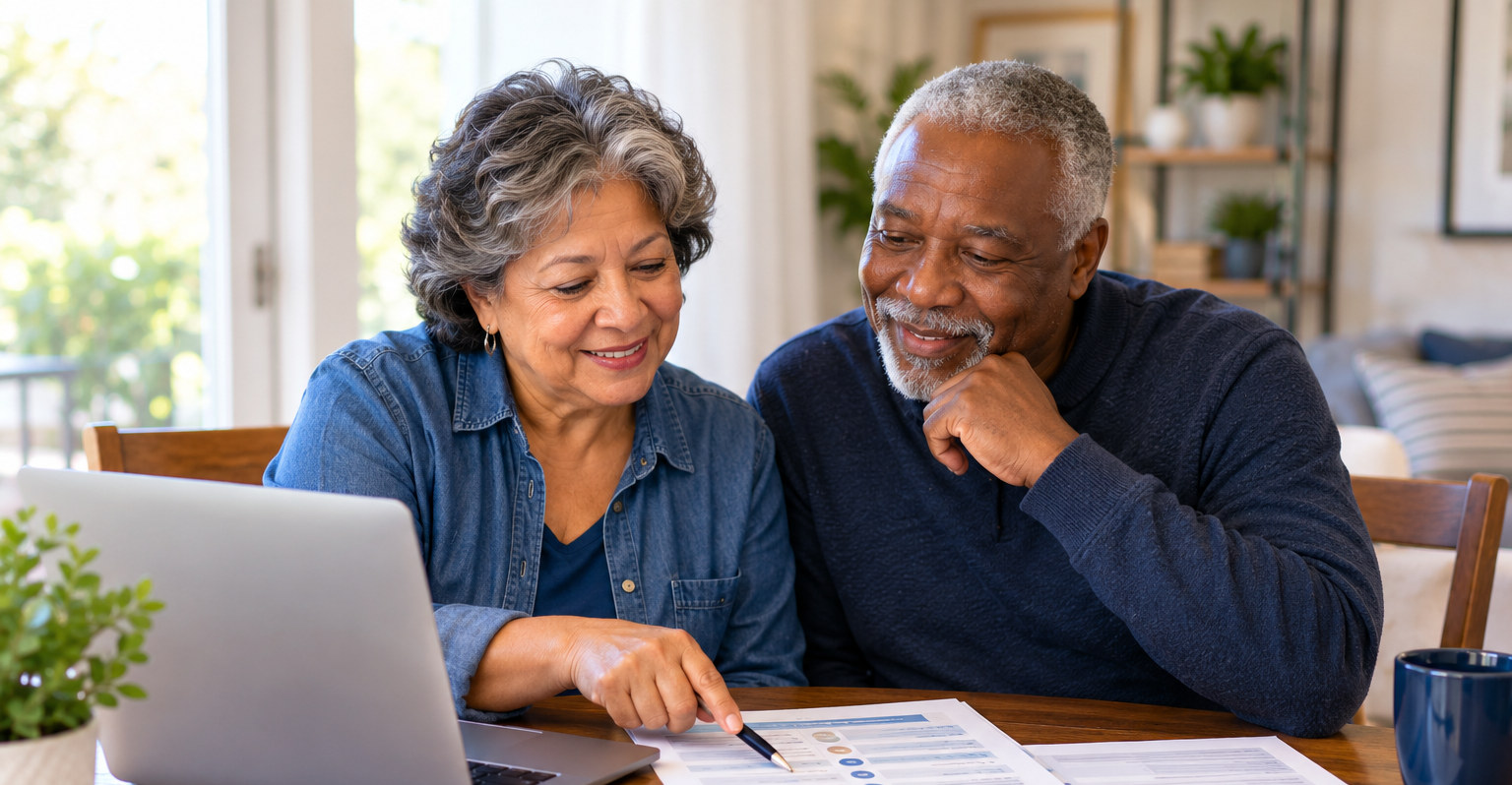 Older Latina woman and Black man reviewing Medicare coverage information together at home