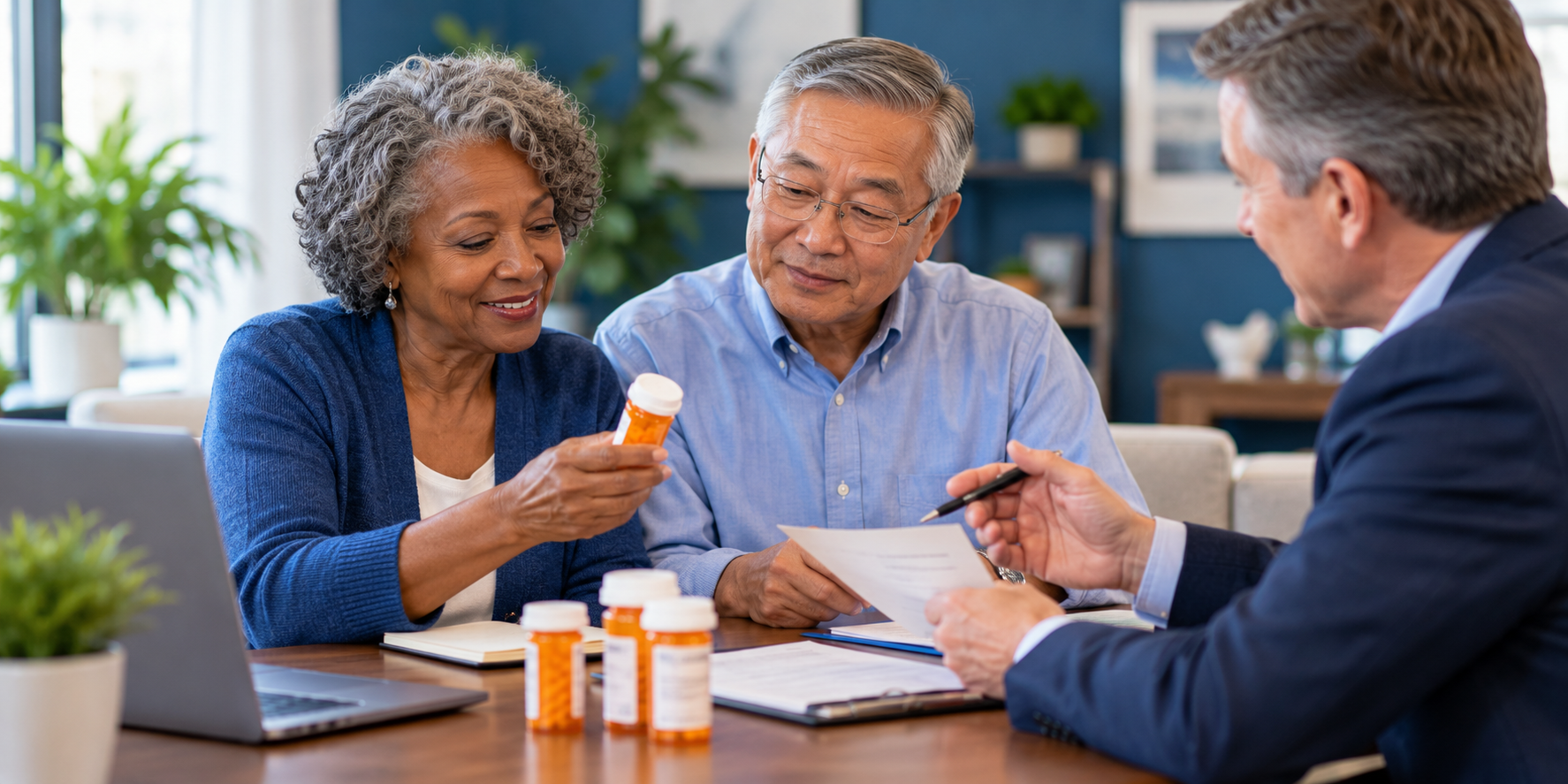 Older adults reviewing prescription medication and Medicare coverage details with an advisor