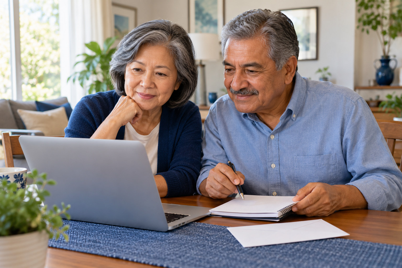 Older Asian woman and Latino man reviewing Medicare-related household finances together on a laptop
