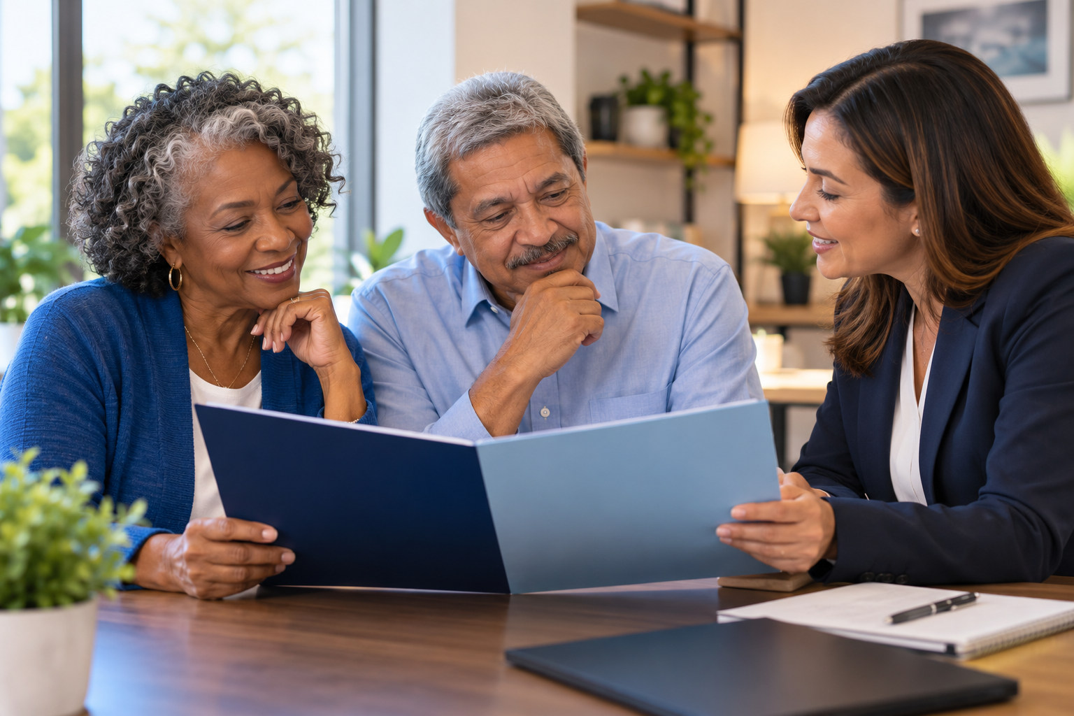 Older Black woman and Latino man discussing health coverage paperwork with an advisor at a table