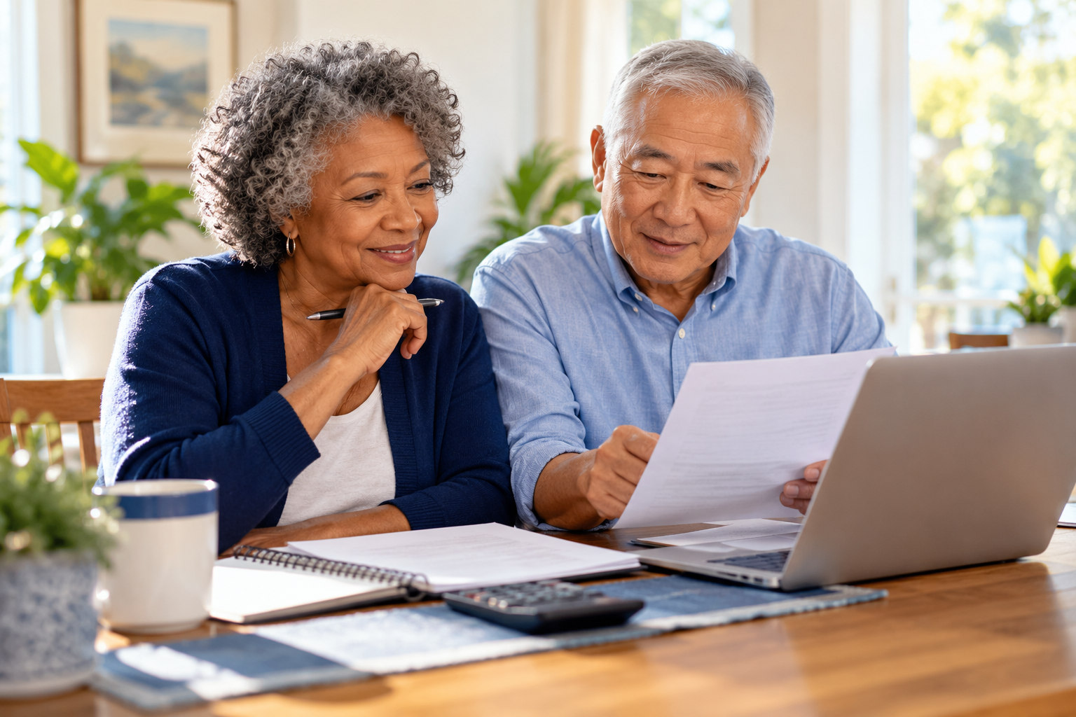 Older Black woman and Asian man reviewing a retirement budget and Medicare paperwork together at home